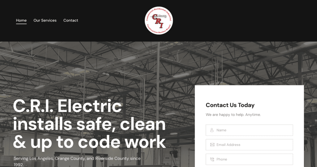 A snapshot of C.R.I. Electric's website that was built by Helps2.