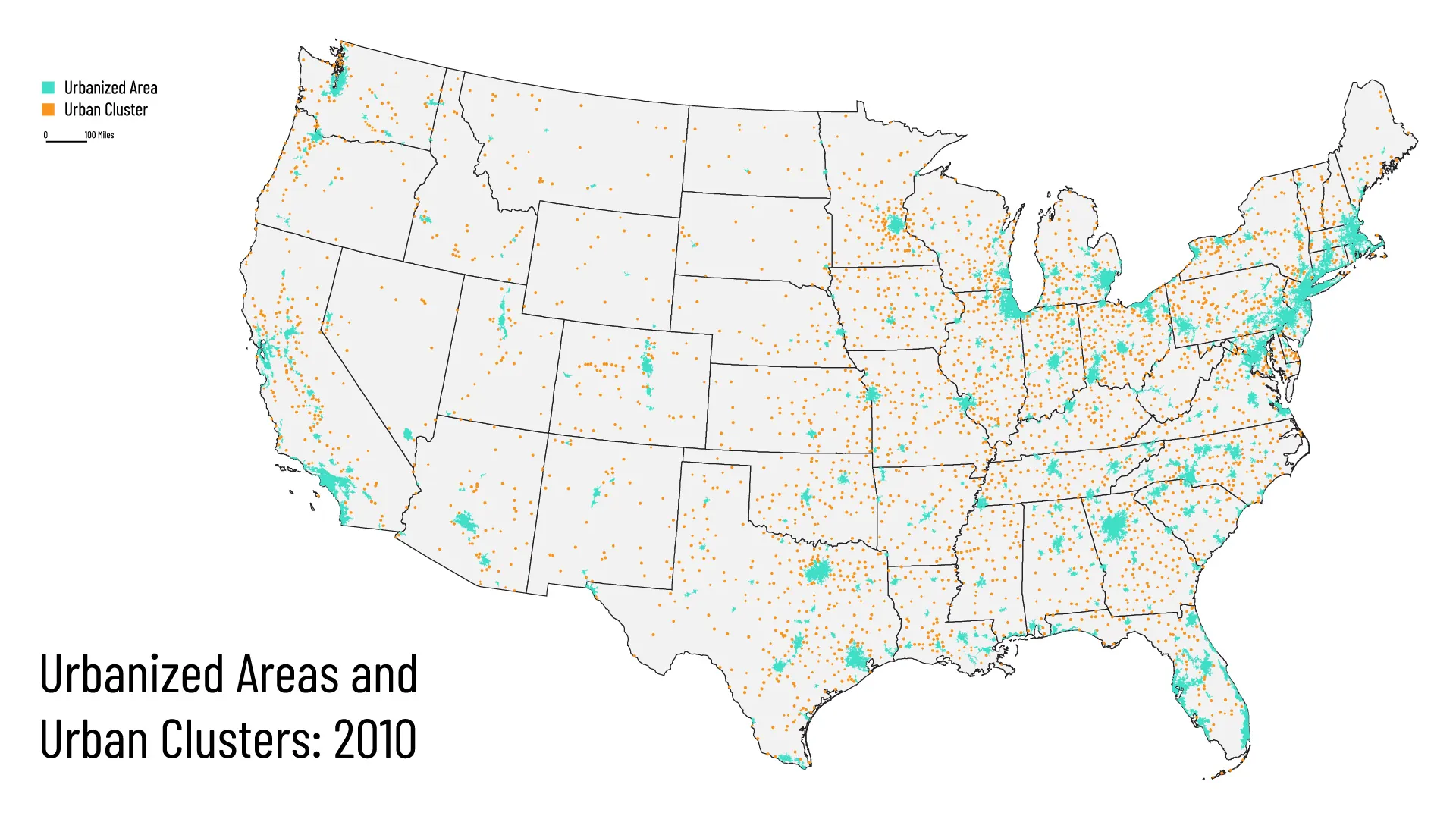 Map of Urbanized Areas and Urban Clusters in 2010.