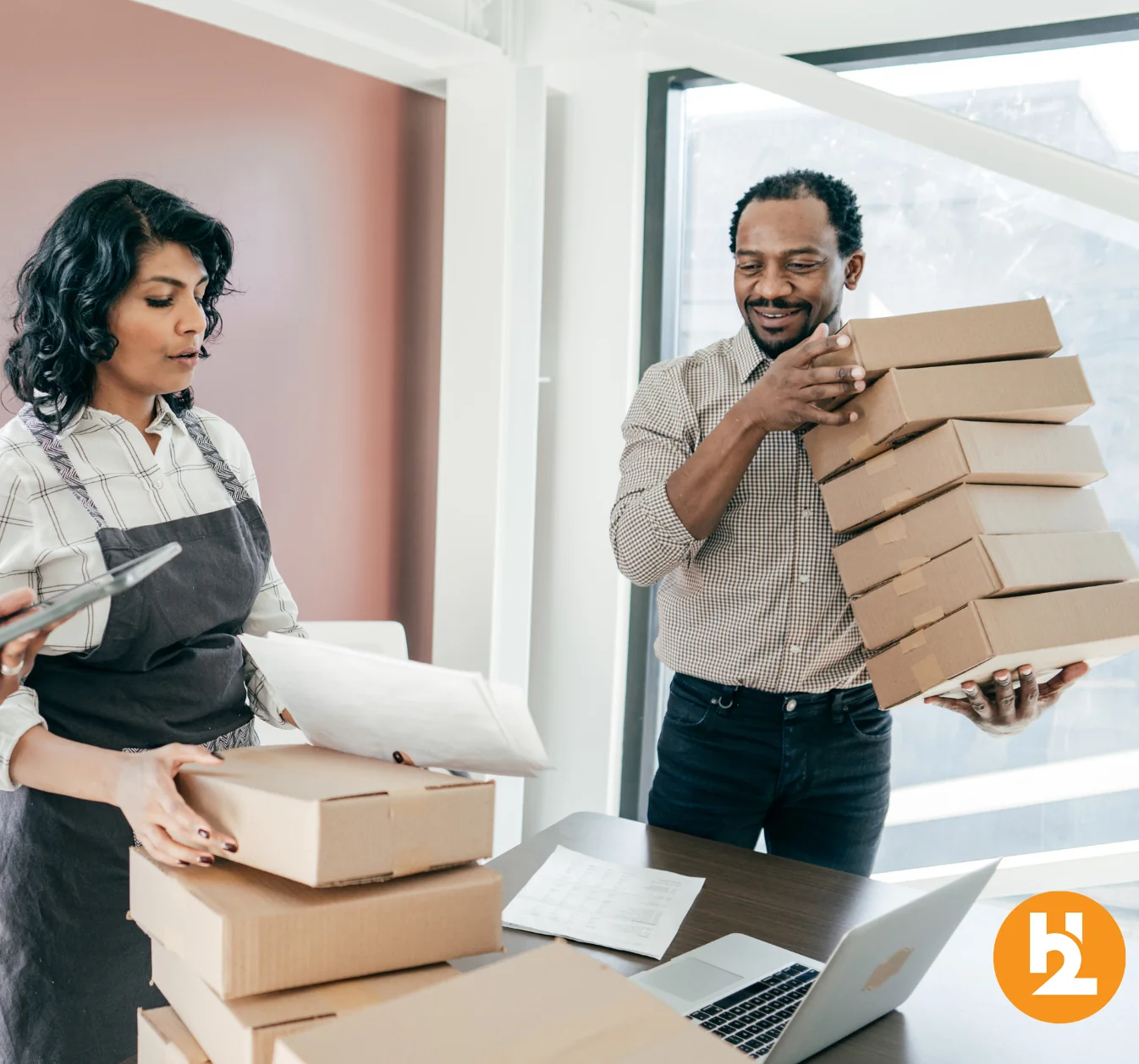 Woman and man participating in a direct mailing.