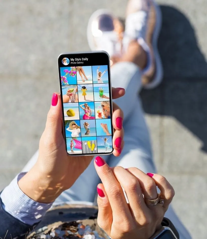 Woman using social media on her phone.